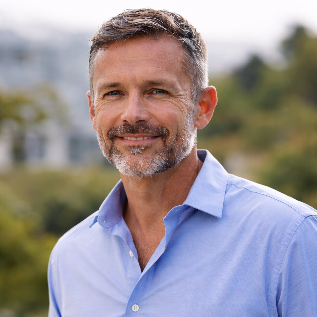 Man wearing a light blue shirt outdoors with greenery in the background