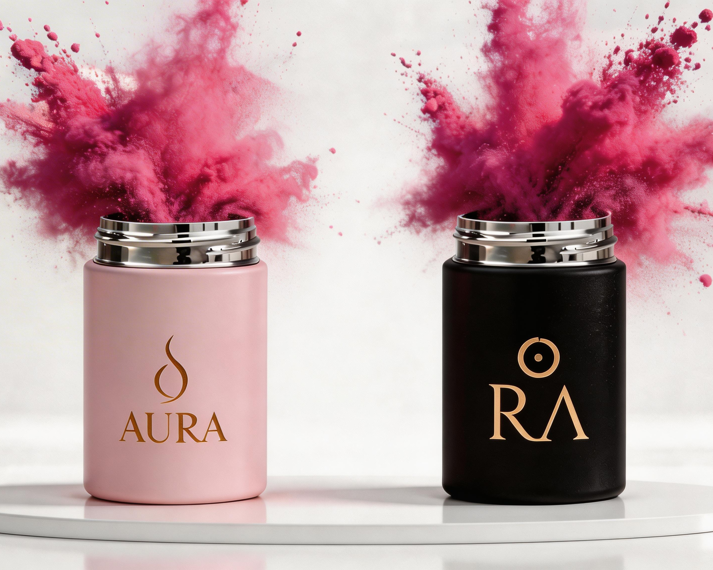 Two canisters, one pink and one black, with 'Aura' branding, on a white background with pink powder effects.