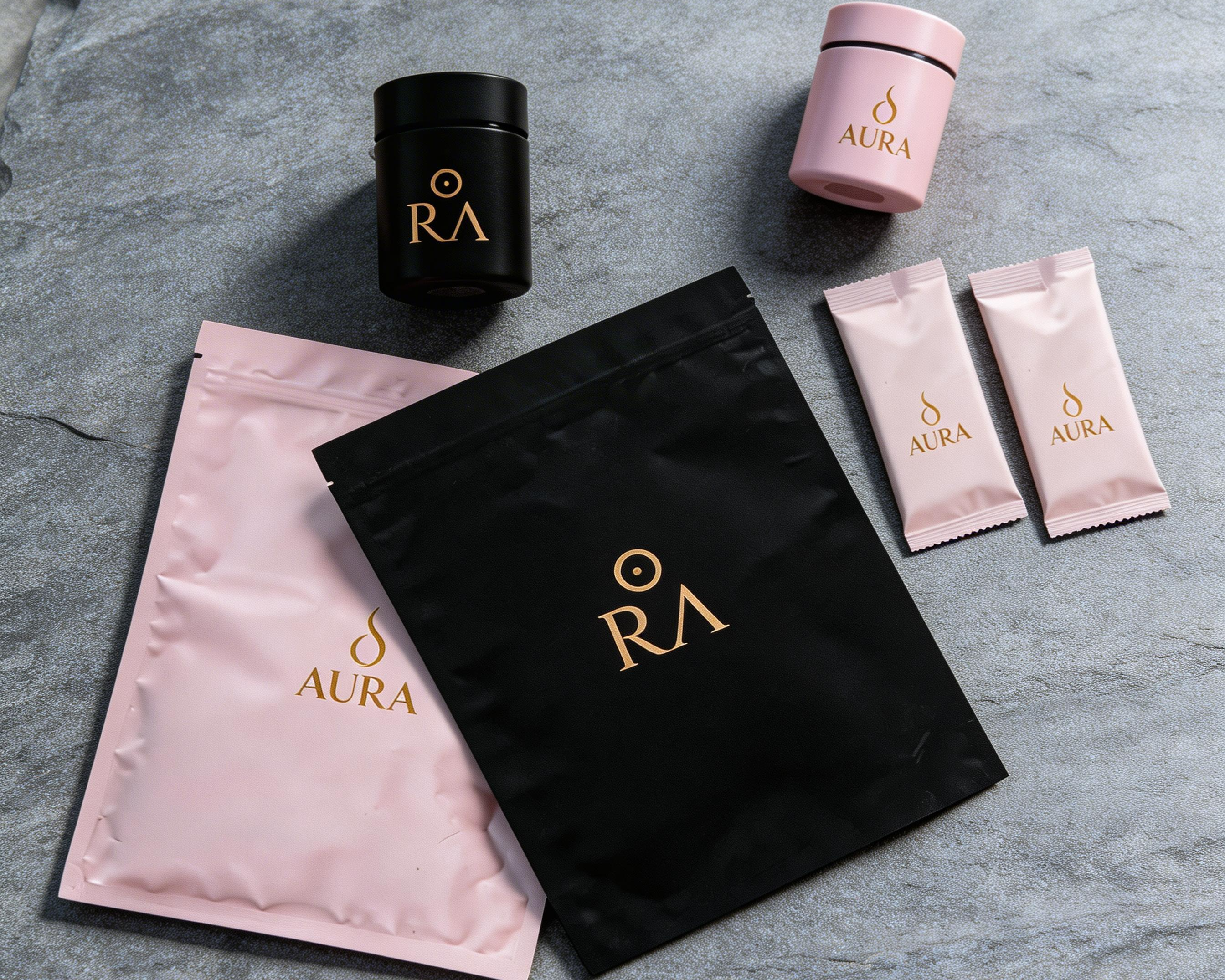 Aura skincare products including jars and packets on a gray stone surface.