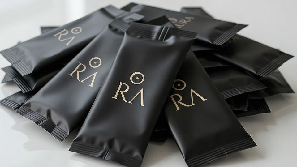 Black packages with 'RA' logo on a white background