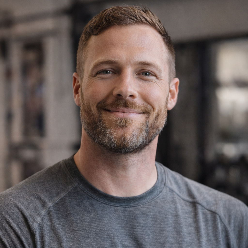 Man with a beard wearing a gray shirt in an indoor setting